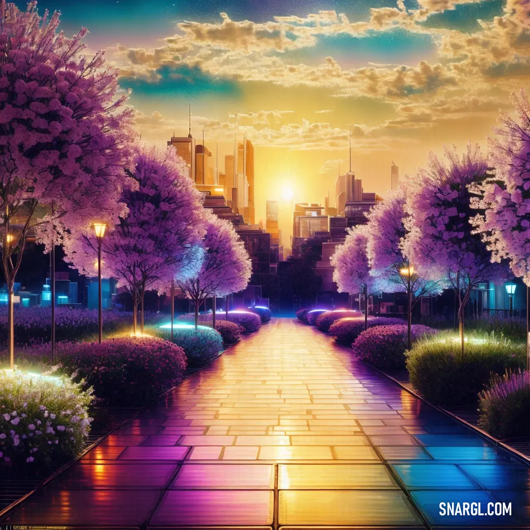 Painting of a city street with trees and flowers in the foreground and a sunset in the background. Color CMYK 48,78,9,7.