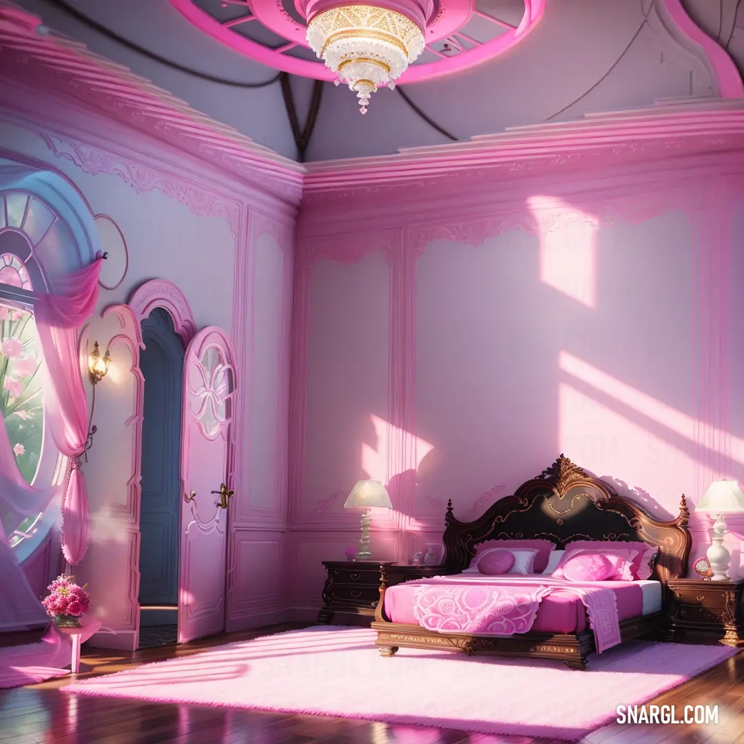 PANTONE 2355 color example: Bedroom with a pink bed and a pink rug on the floor and a pink rug on the floor