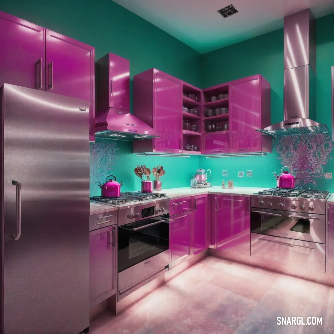 Kitchen with purple and green cabinets and a stove top oven and microwave oven and a refrigerator freezer. Color PANTONE 2355.