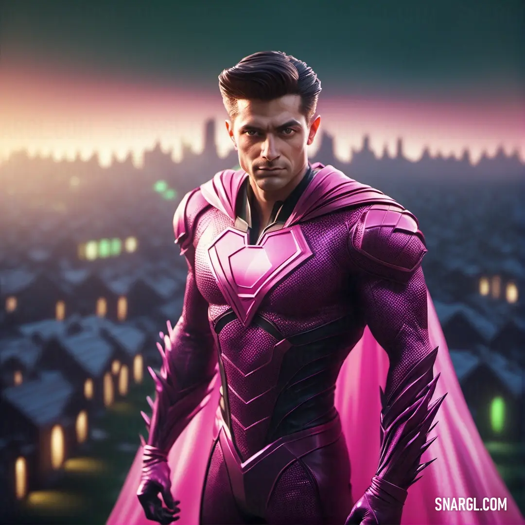 Man in a purple suit standing in front of a cityscape with buildings in the background. Color CMYK 55,100,0,0.