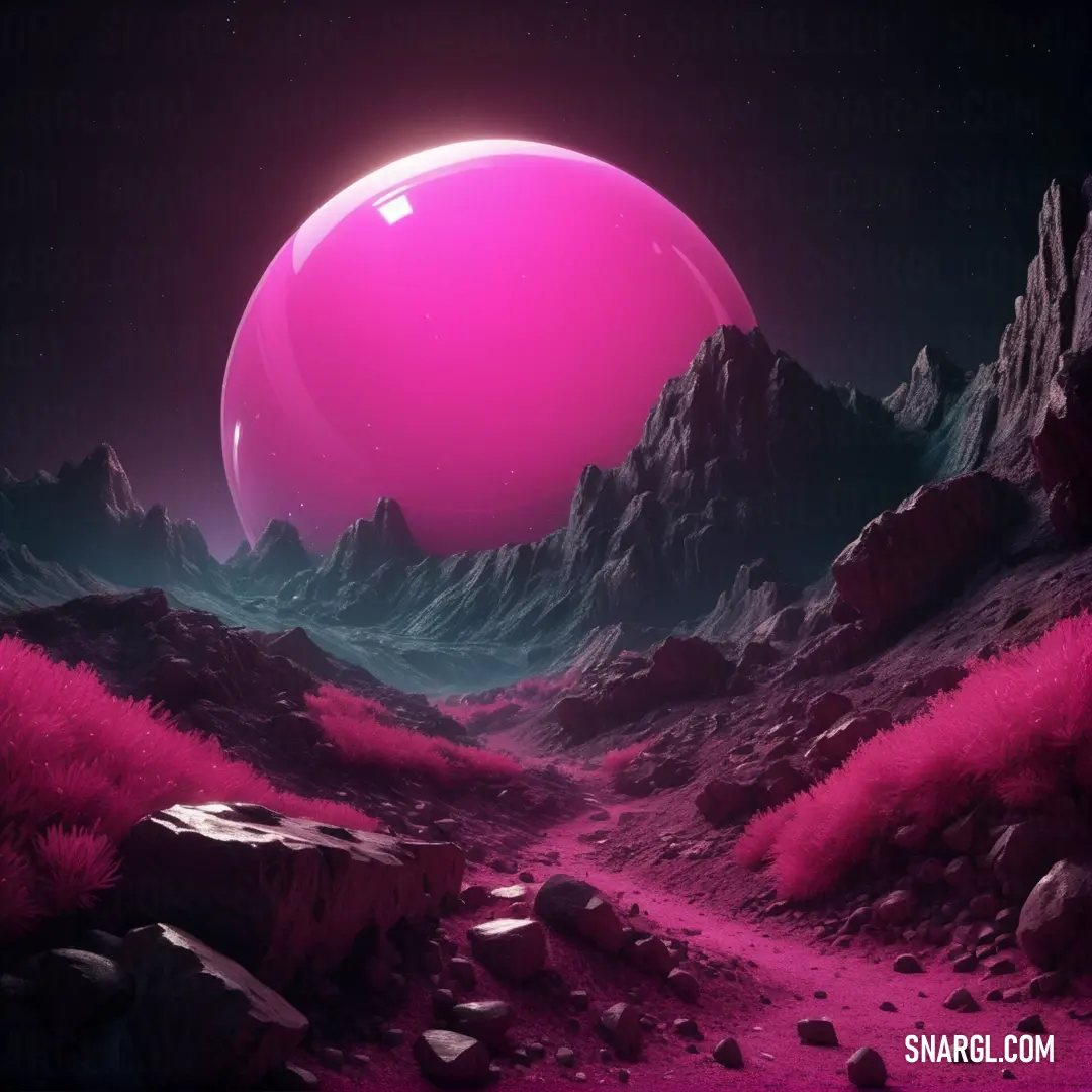 Pink planet with a rocky landscape and a pink moon in the background. Example of PANTONE 2355 color.