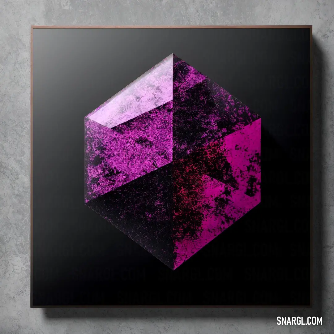 Black and pink poster with a hexagonal design on it's side, hanging on a wall. Color #762162.