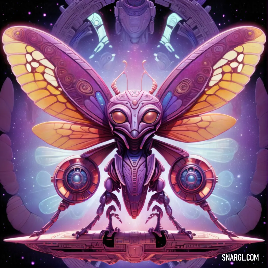 Stylized illustration of a butterfly with a spaceship in the background. Example of PANTONE 2356 color.