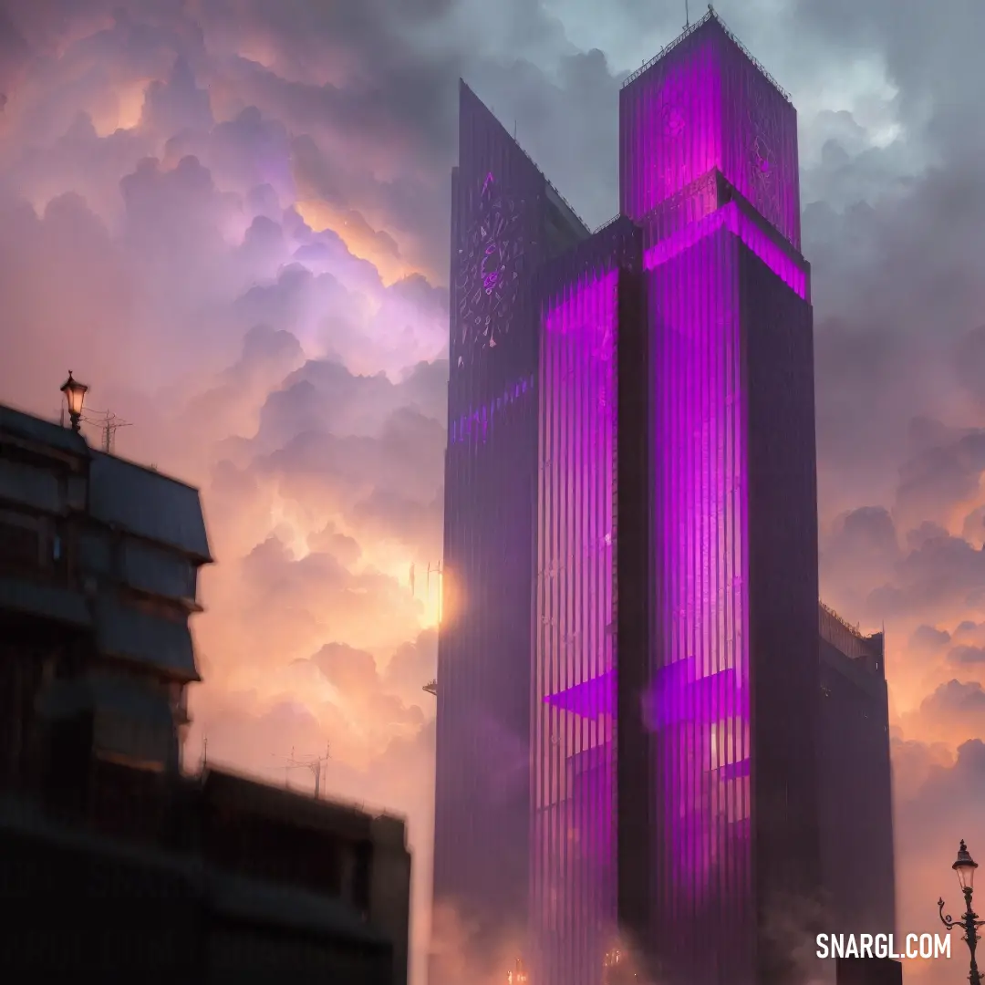 Tall building with a purple light on it's side and a cloudy sky behind it with a few clouds. Example of #762162 color.