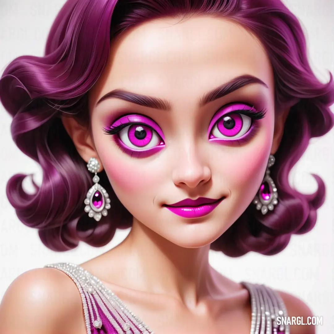 Digital painting of a woman with purple hair and makeup on her face and wearing a tiara and earrings. Example of PANTONE 2357 color.