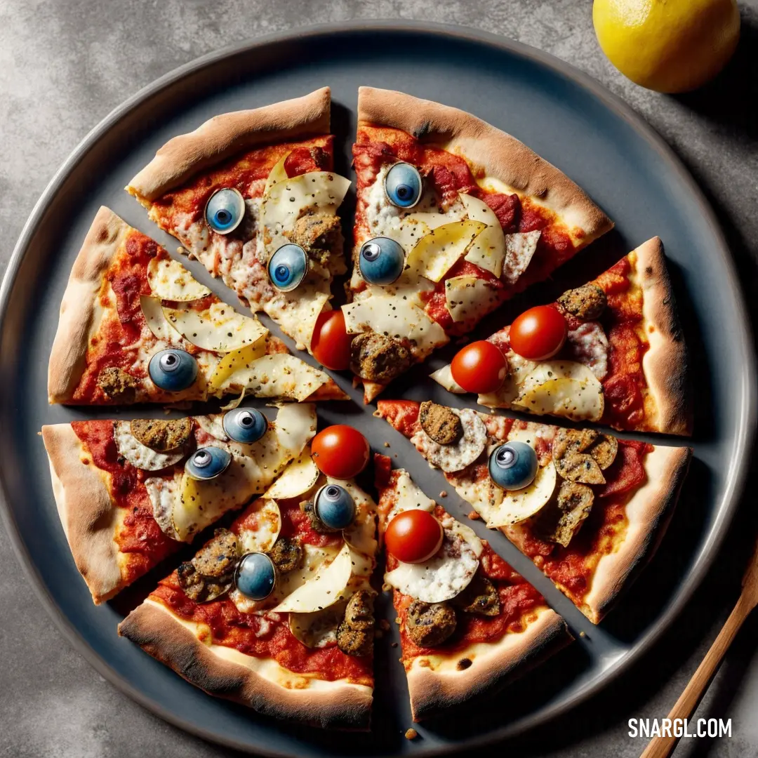 Pizza with several toppings on a plate with a knife and fork next to it and a lemon. Color RGB 132,122,133.