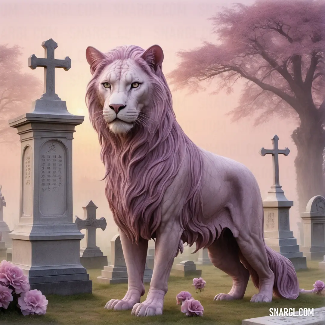 Lion statue standing in a cemetery with pink flowers in front of it and a cross in the background