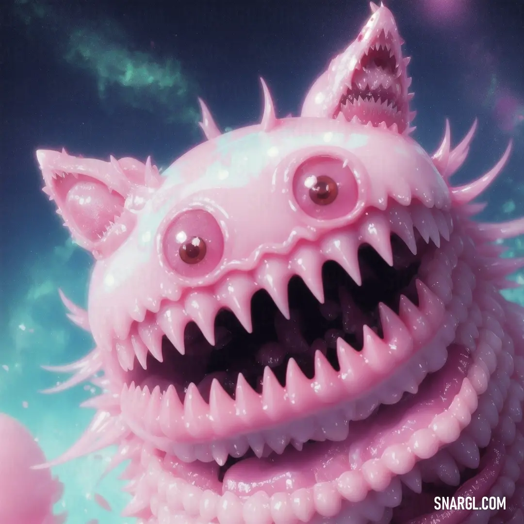 Pink monster with big teeth and big teeth on it's face and mouth is shown in the foreground