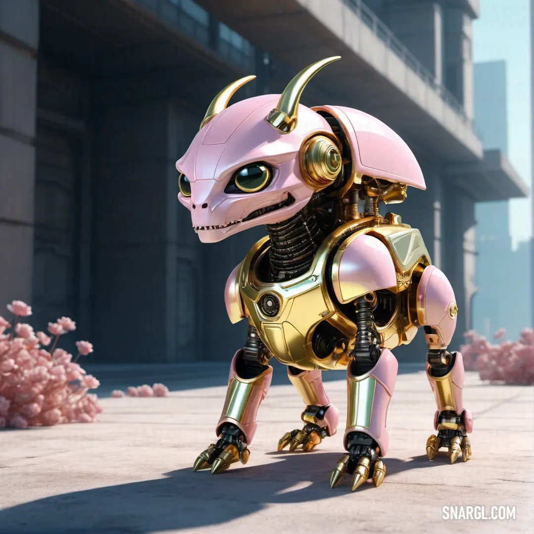 Robot dog standing on its hind legs in a city setting with pink flowers in the background
