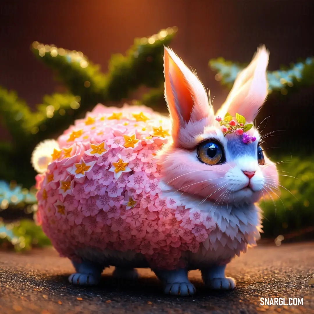 Small toy rabbit with a pink sweater on it's back and a flower in its hair