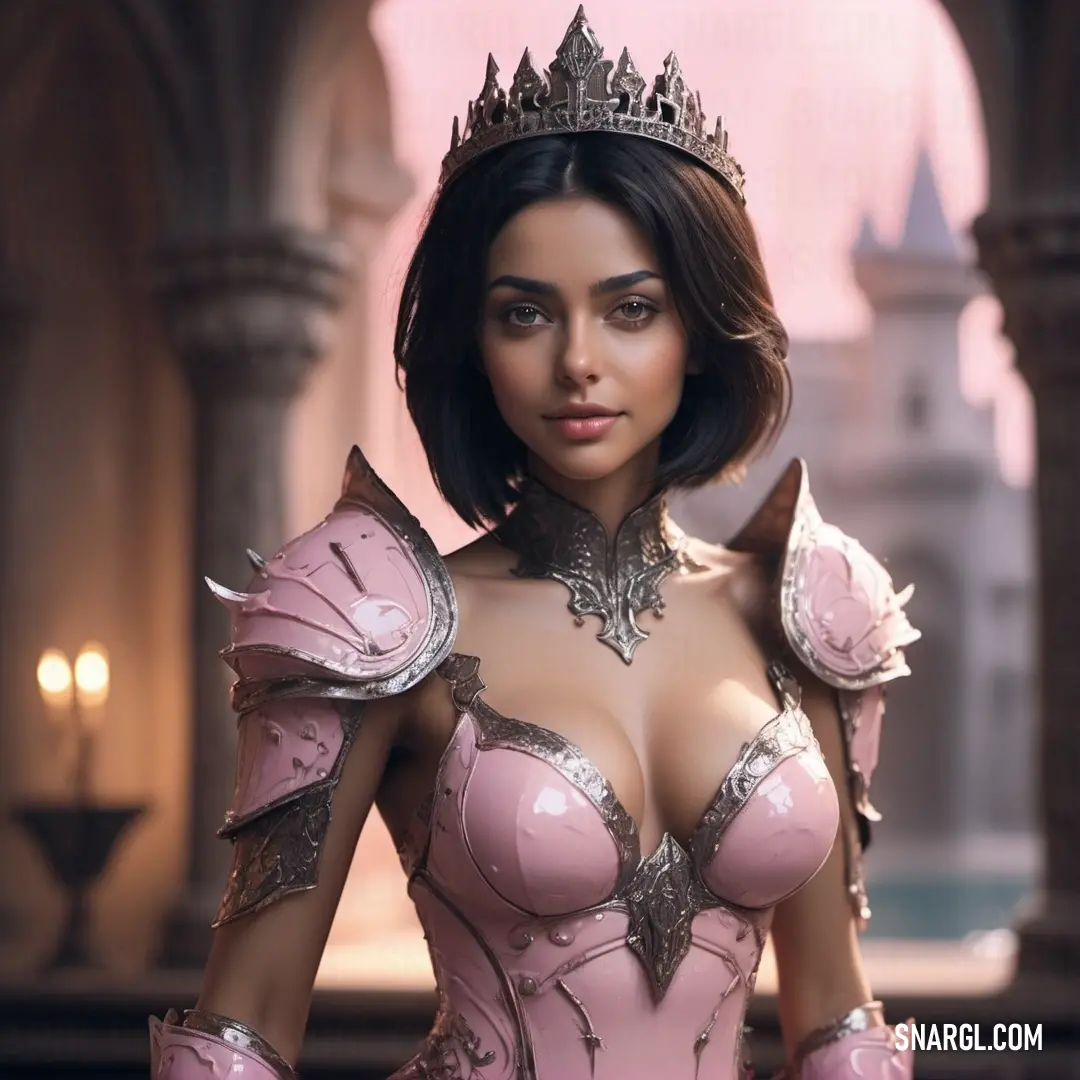 Woman in a pink corset and a crown on her head and chest