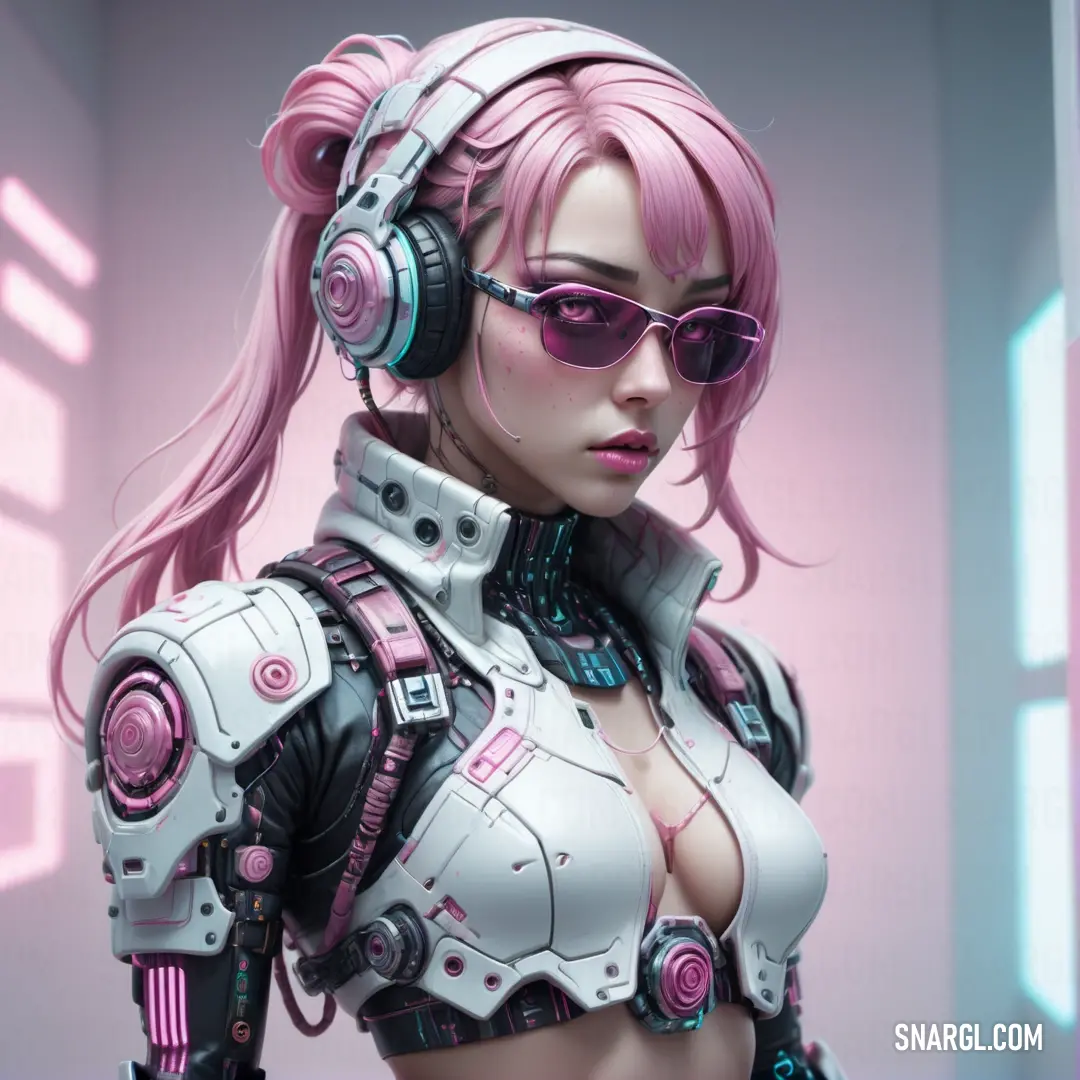 Woman with pink hair and headphones in a futuristic setting with a pink background