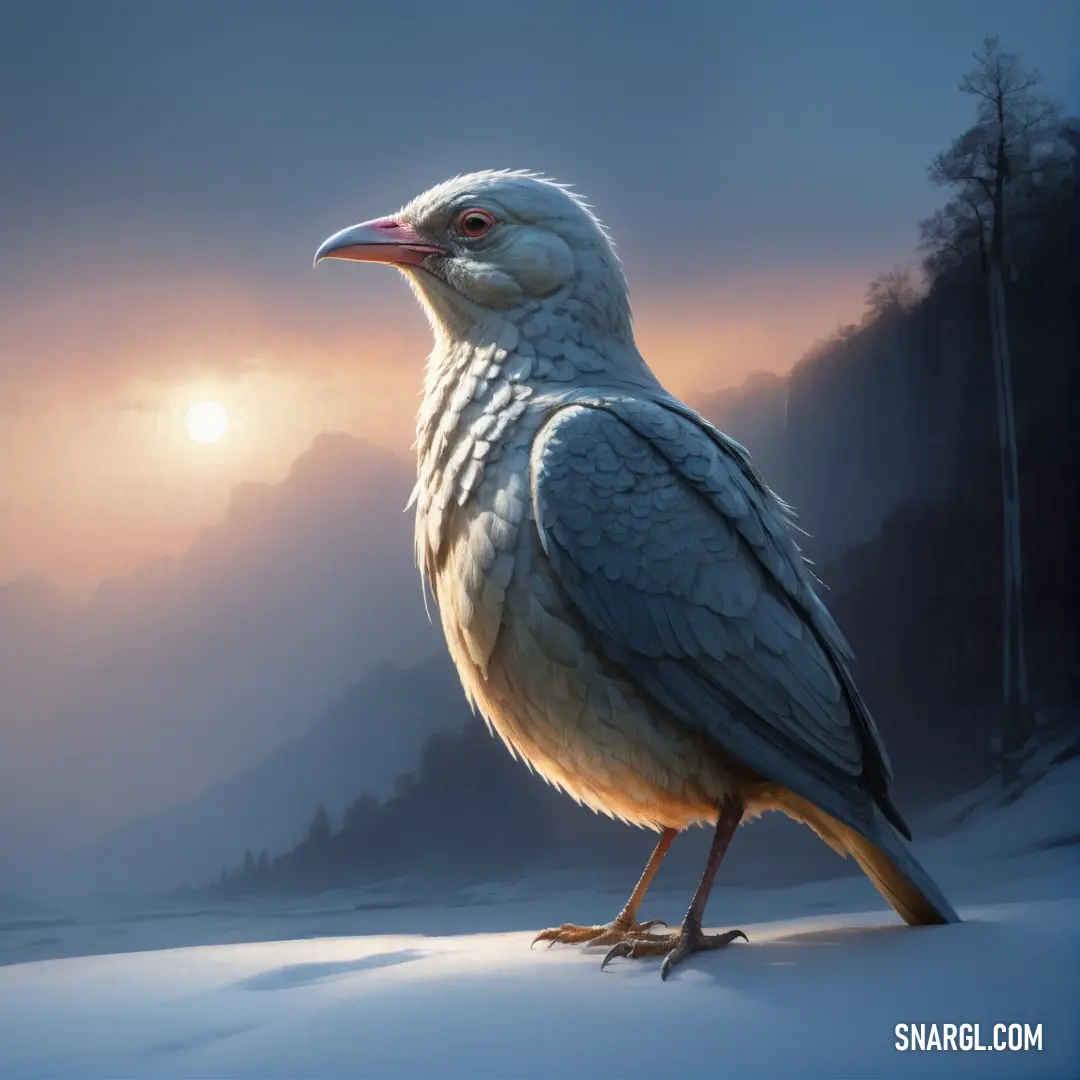 PANTONE 2361 color. Bird standing on a snowy hill with the sun in the background
