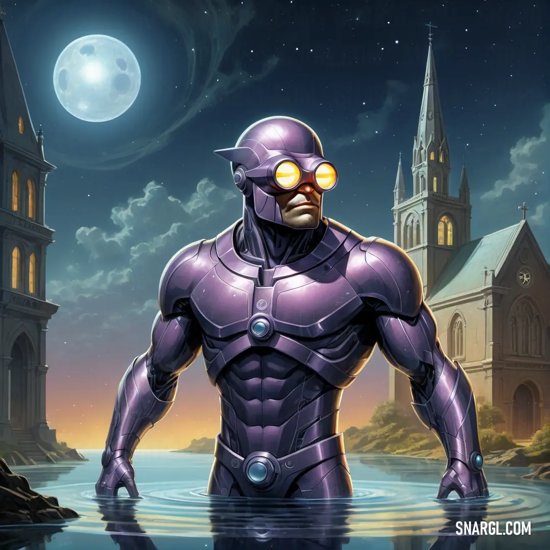 Man in a purple suit standing in a body of water with a church in the background and a full moon in the sky