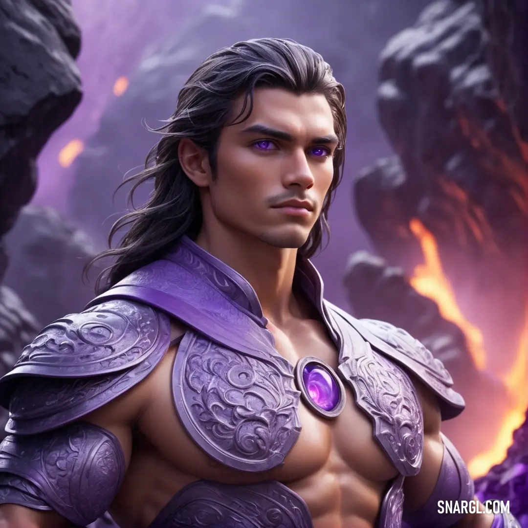 Man with a purple outfit and a purple ring on his chest