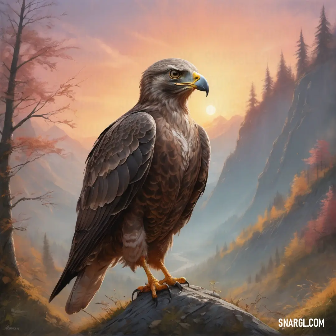 Painting of a hawk on a rock in a mountainous area with a sunset in the background