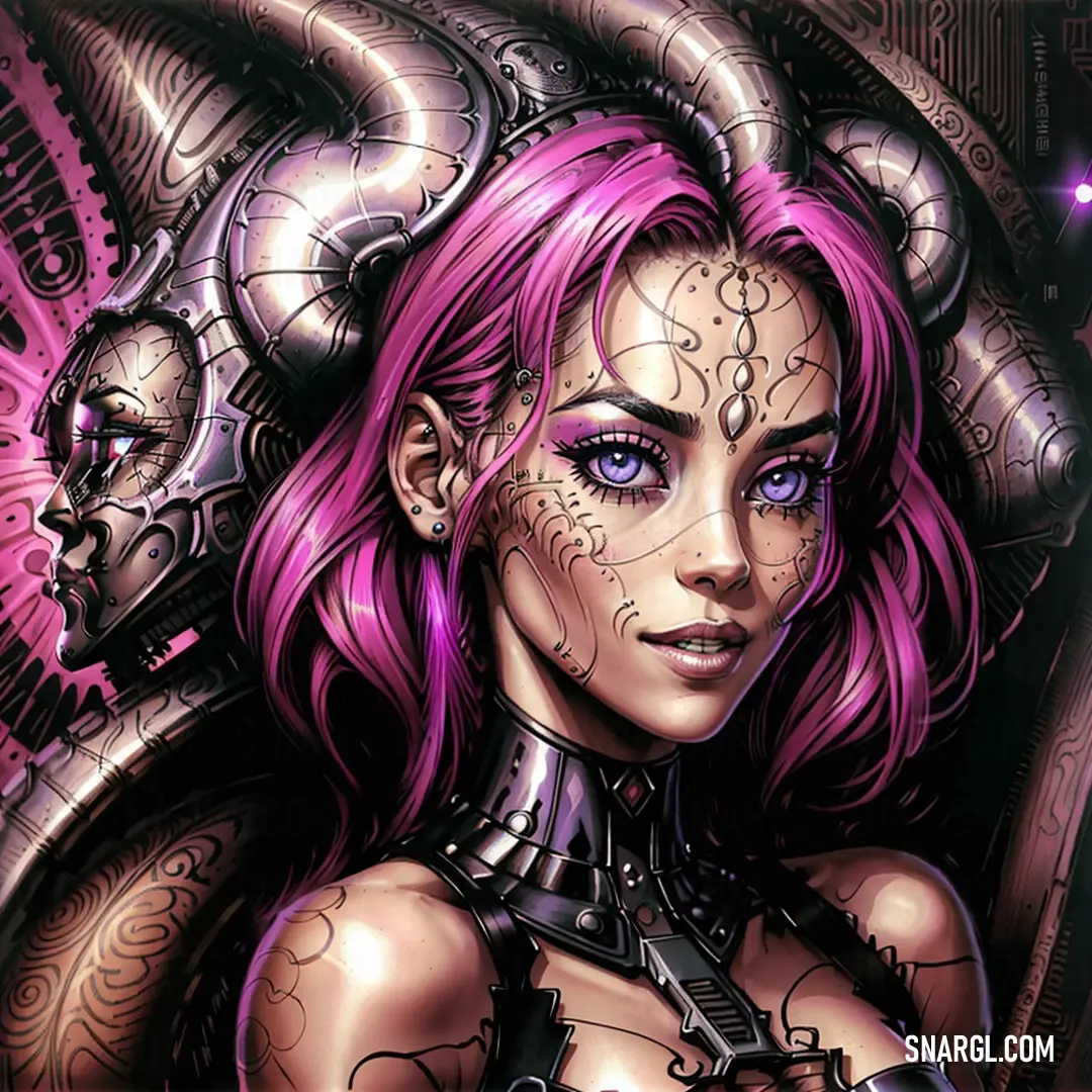 Woman with pink hair and tattoos on her face and chest with a demon like head. Color PANTONE 2364.