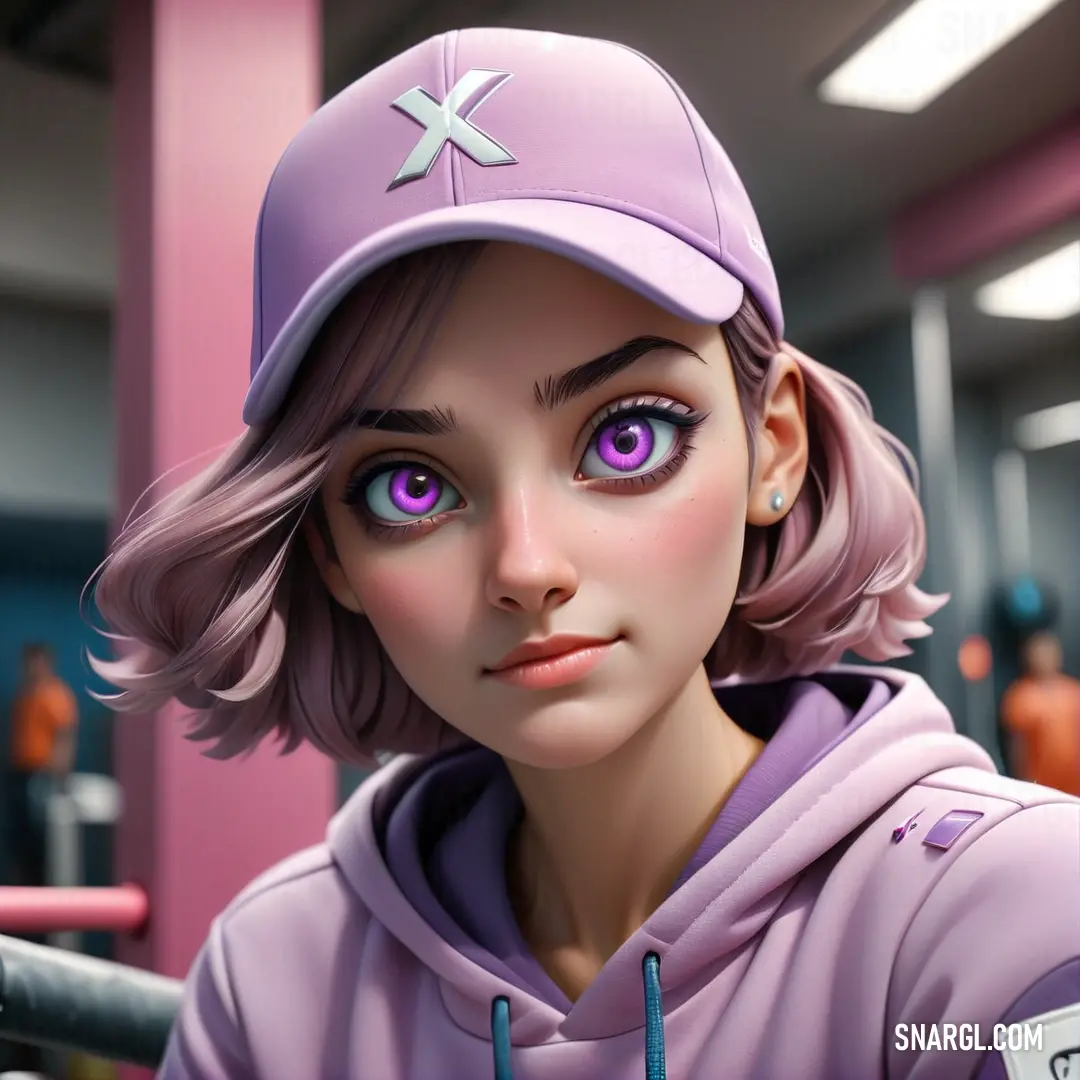 Cartoon girl with purple eyes and a baseball cap on her head. Example of PANTONE 2365 color.