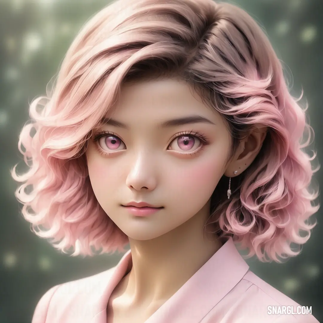 Digital painting of a woman with pink hair and pink eyes and pink shirt with a pink collared shirt. Color RGB 232,193,215.