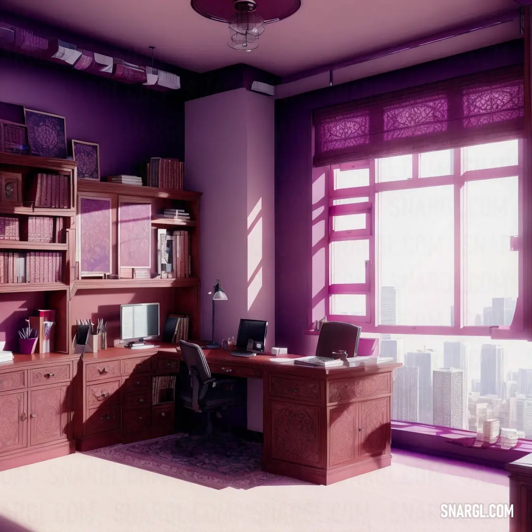 Room with a desk and a book shelf in it with a window and a view of the city. Color RGB 232,193,215.
