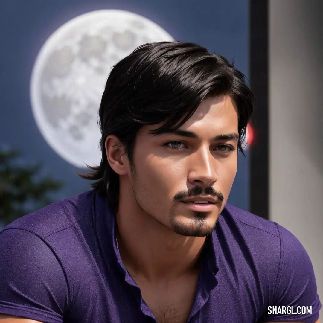 PANTONE 2367 color example: Man with a goatee and a purple shirt is looking at the camera with a full moon in the background