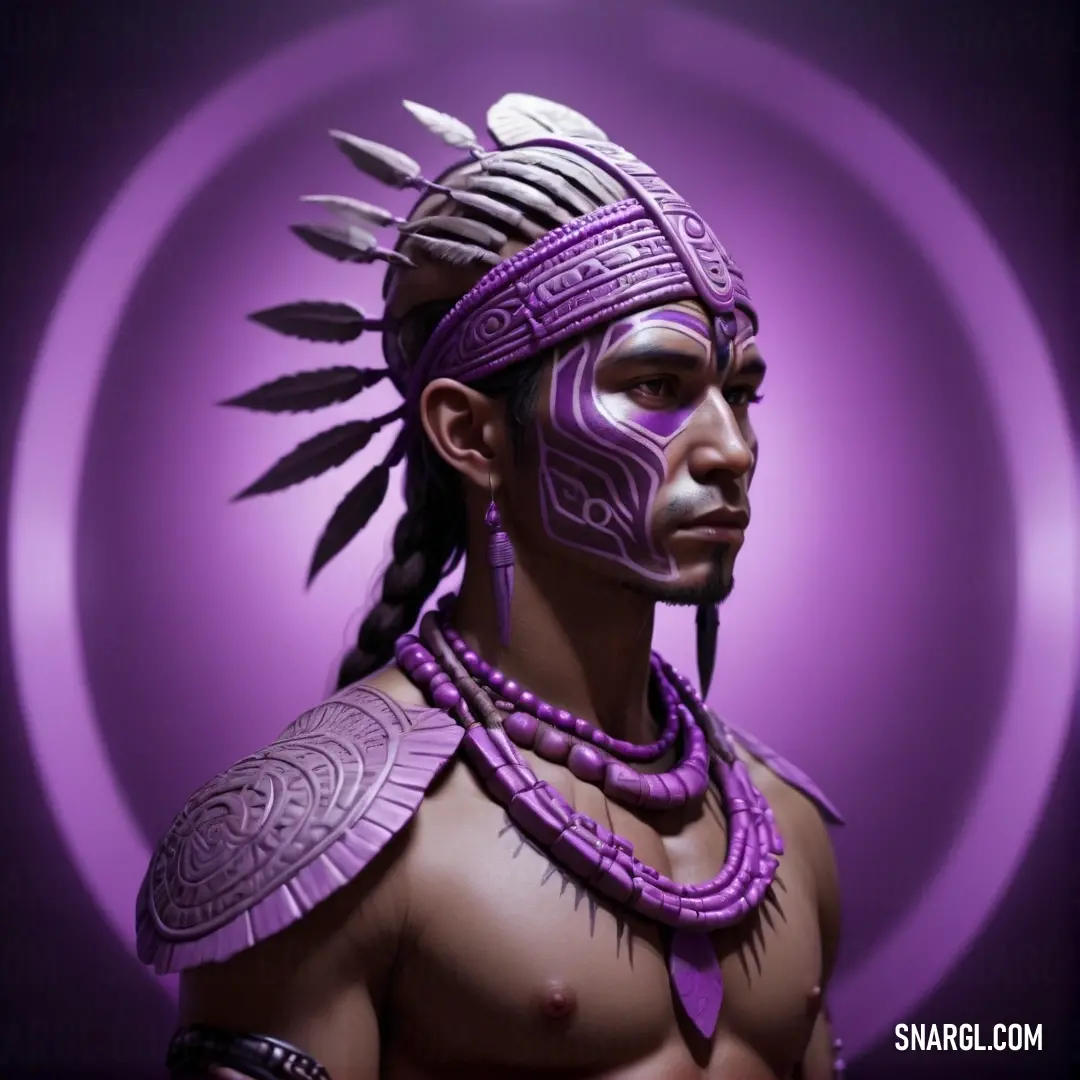 Man with a purple mask and purple feathers on his head and a purple circle behind him with a purple circle. Example of RGB 95,89,155 color.