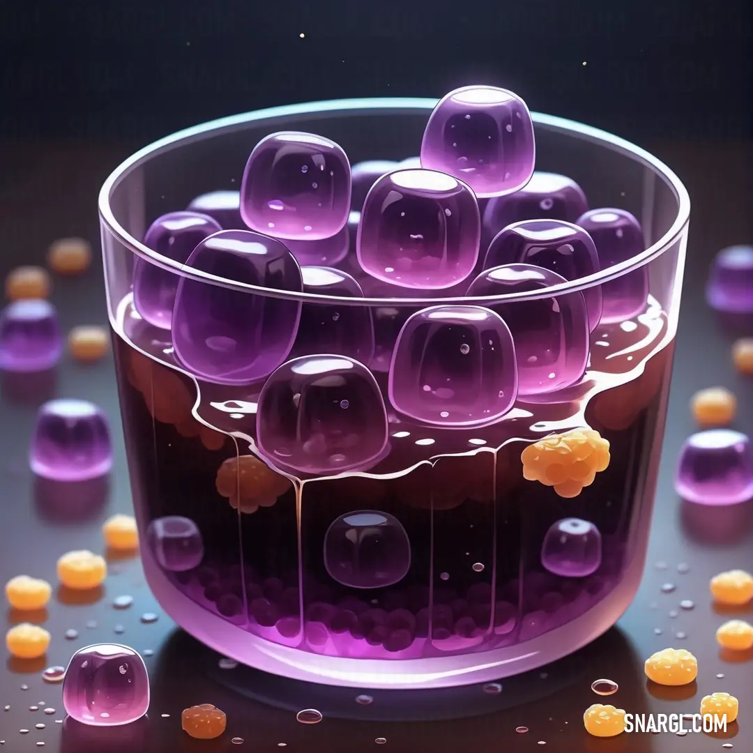 Purple liquid filled with orange and purple bubbles in a glass container with bubbles around it and a black background