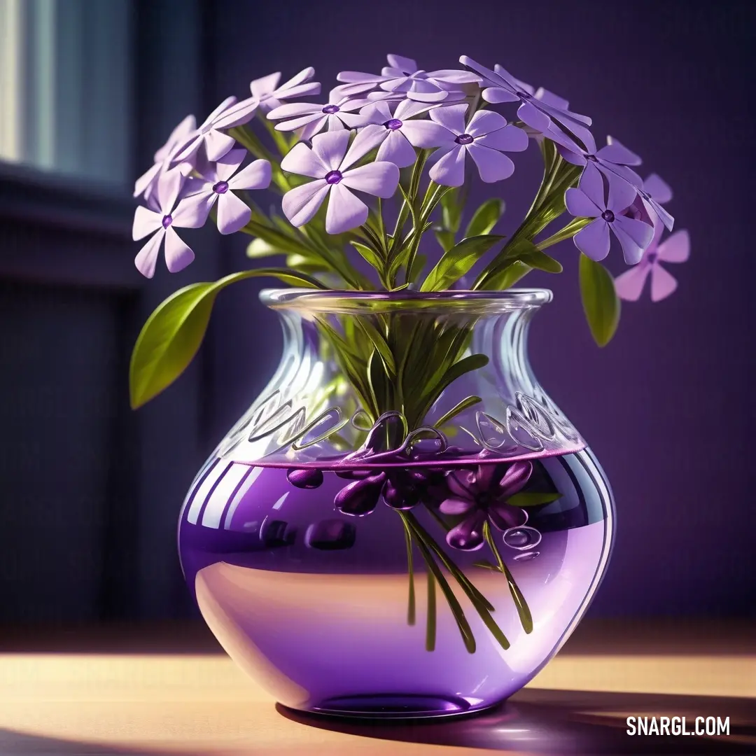 Vase filled with purple flowers on a table next to a window sill and a window sill. Color RGB 95,89,155.