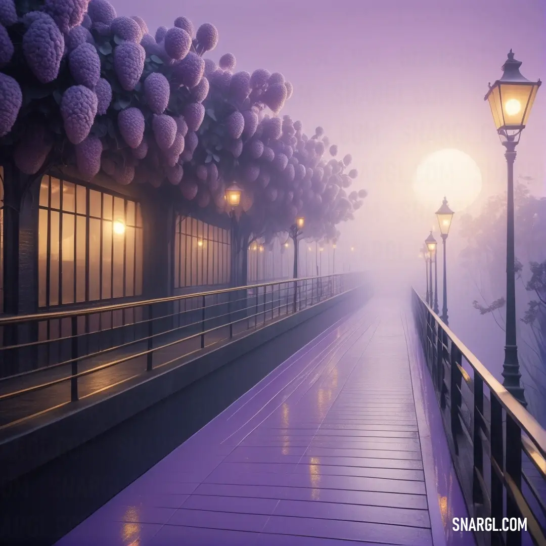 Walkway with a light post and lanterns on it at night time with fog and fog in the air. Color #5F599B.