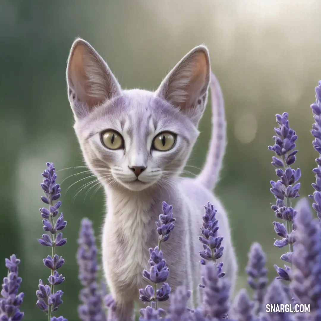White kitten standing in a field of lavender flowers with a green eyed look on its face and yellow eyes. Example of CMYK 80,72,0,0 color.