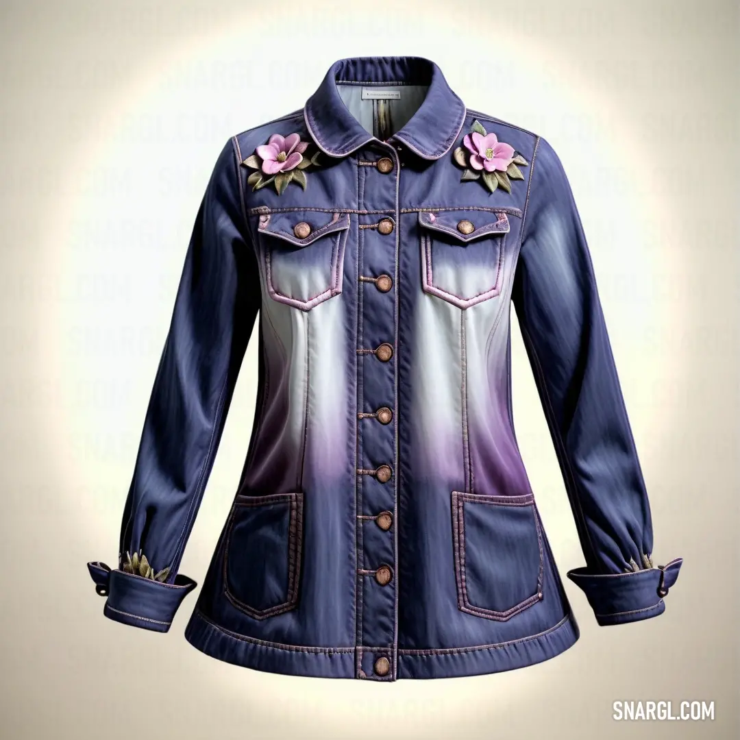 Jacket with flowers on the front and a button down back. Color RGB 91,96,160.