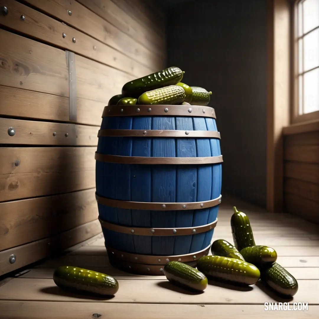 A rustic barrel brimming with pickles rests upon a weathered wooden floor, its vibrant contents hinting at delightful culinary possibilities, perfectly colored in rich RGB 83,89,156 tones that enhance the nostalgic scene.