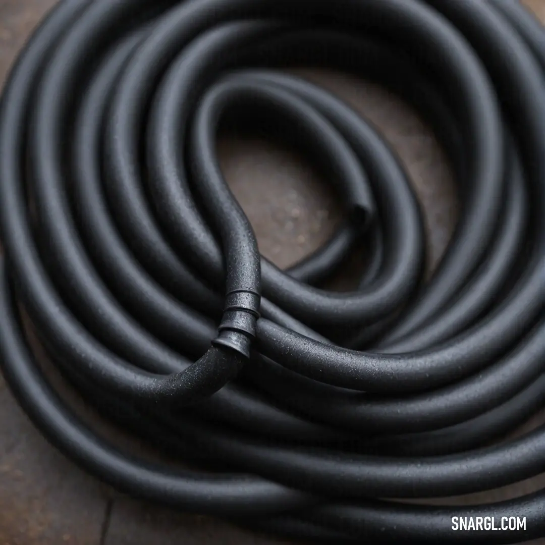 An intriguing close-up of a sleek black hose resting on a wooden floor with a sophisticated black handle at its end, creating a striking contrast against natural wood while embodying the elegance of PANTONE 2369.