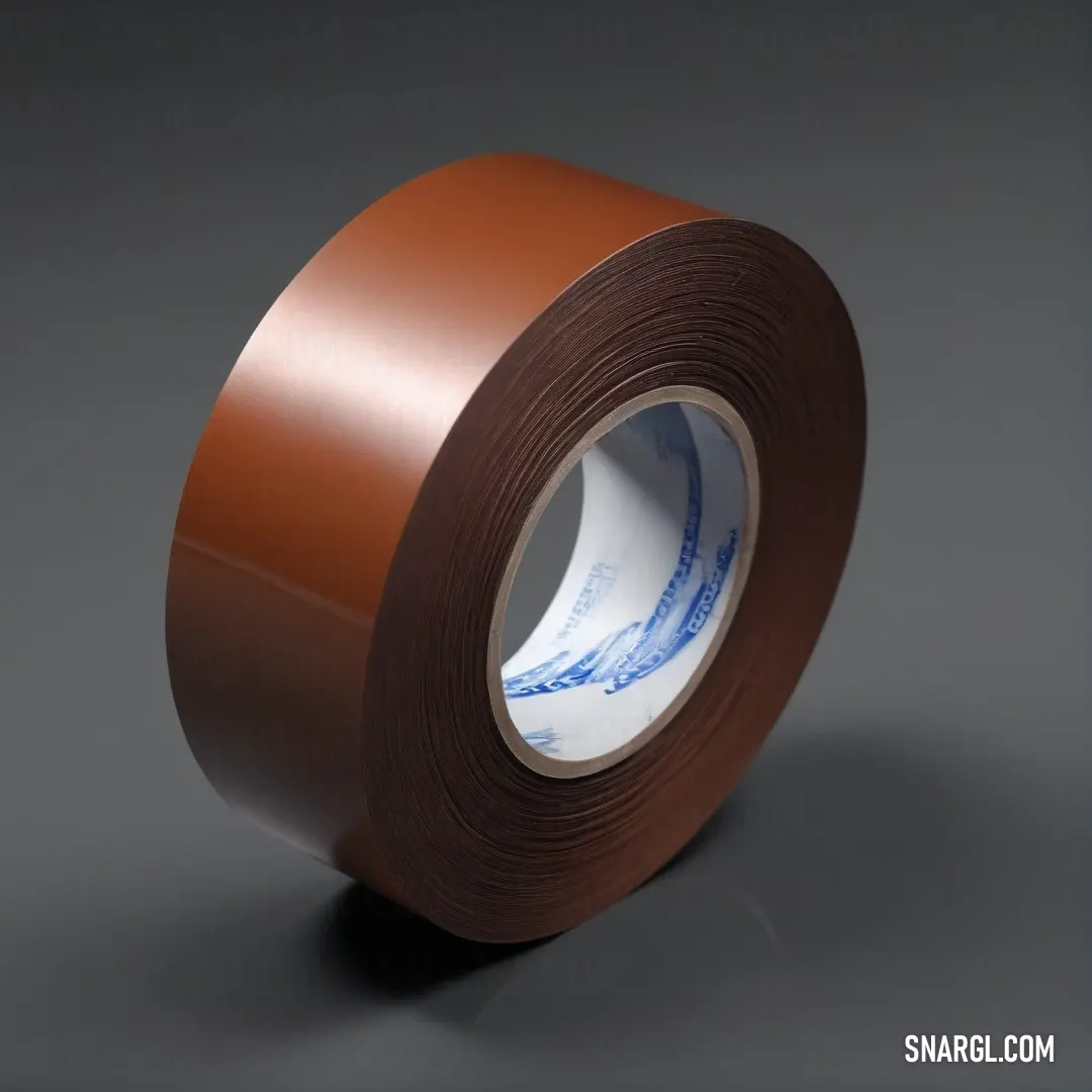 A roll of brown tape with a white stripe rests on a textured gray surface. The tape's unique design, contrasted with the dark background, brings out the essence of PANTONE 2369 in both color and form.