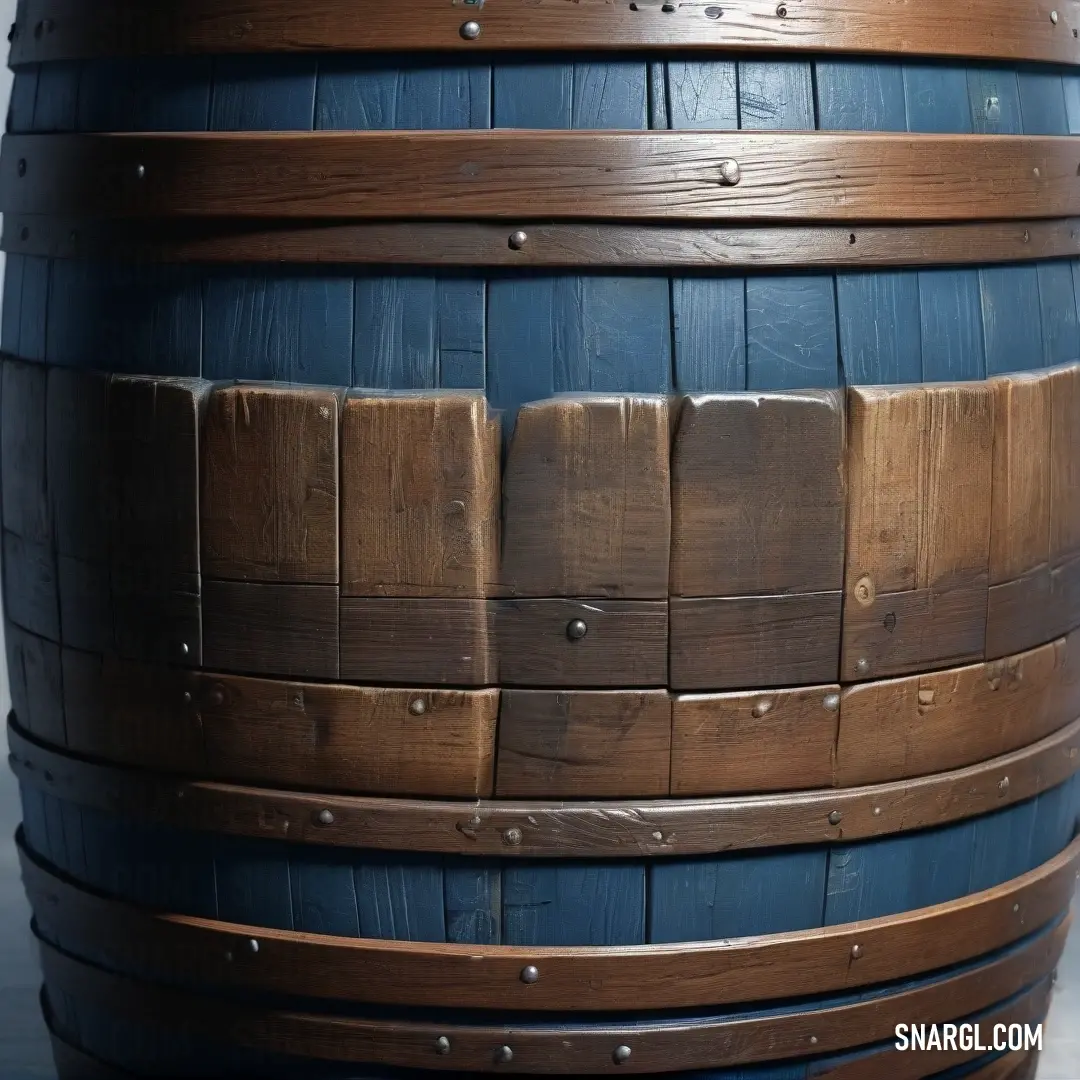 An impressive large wooden barrel, adorned with a striking blue bottom and accented by a richly textured brown, conveys an aura of rustic charm and history, showcasing intriguing shades of CMYK 87,77,0,0.