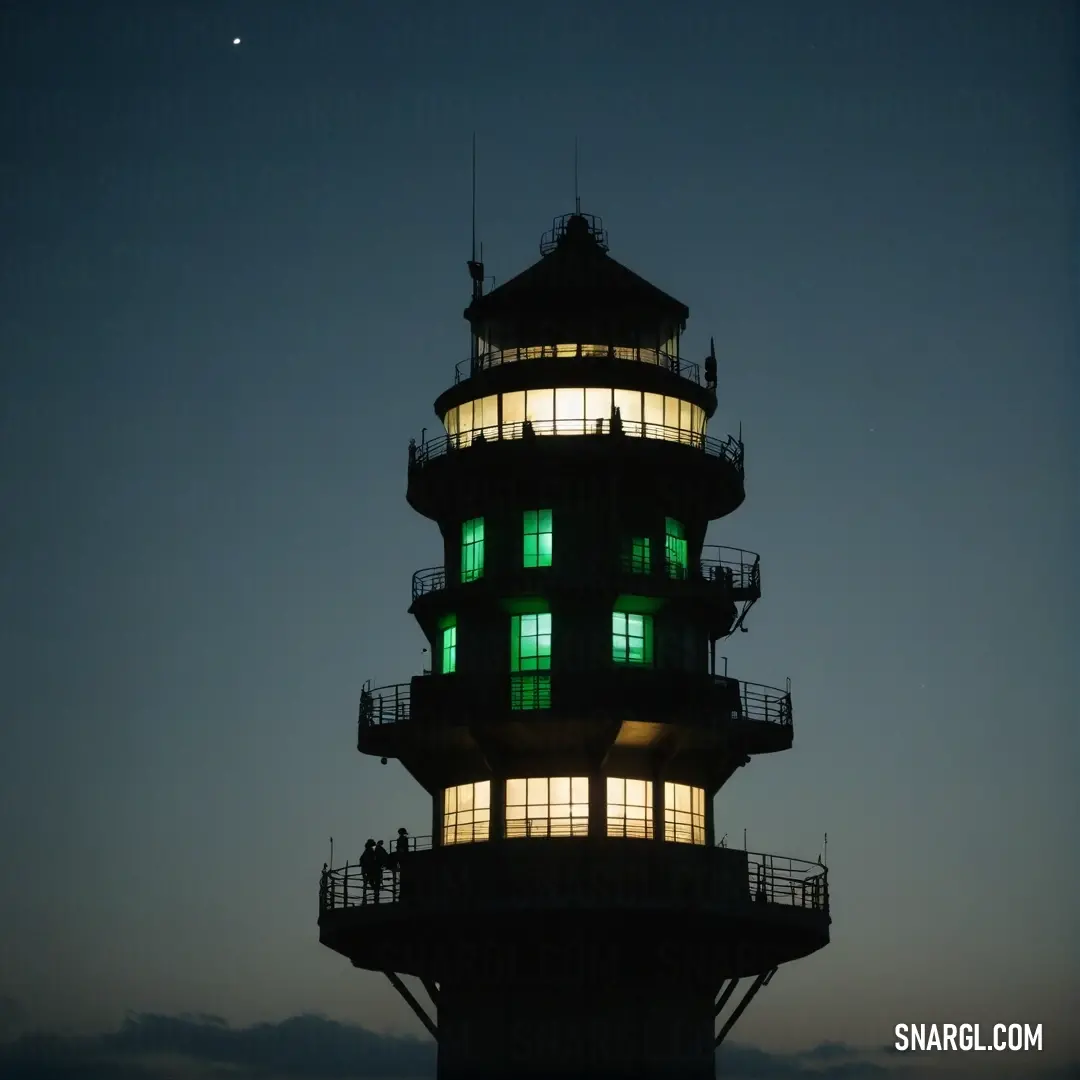 A radiant lighthouse casting a green beacon across the moonlit night, surrounded by fluffy clouds. The harmony of colors evokes a sense of tranquility, making it a serene coastal scene.