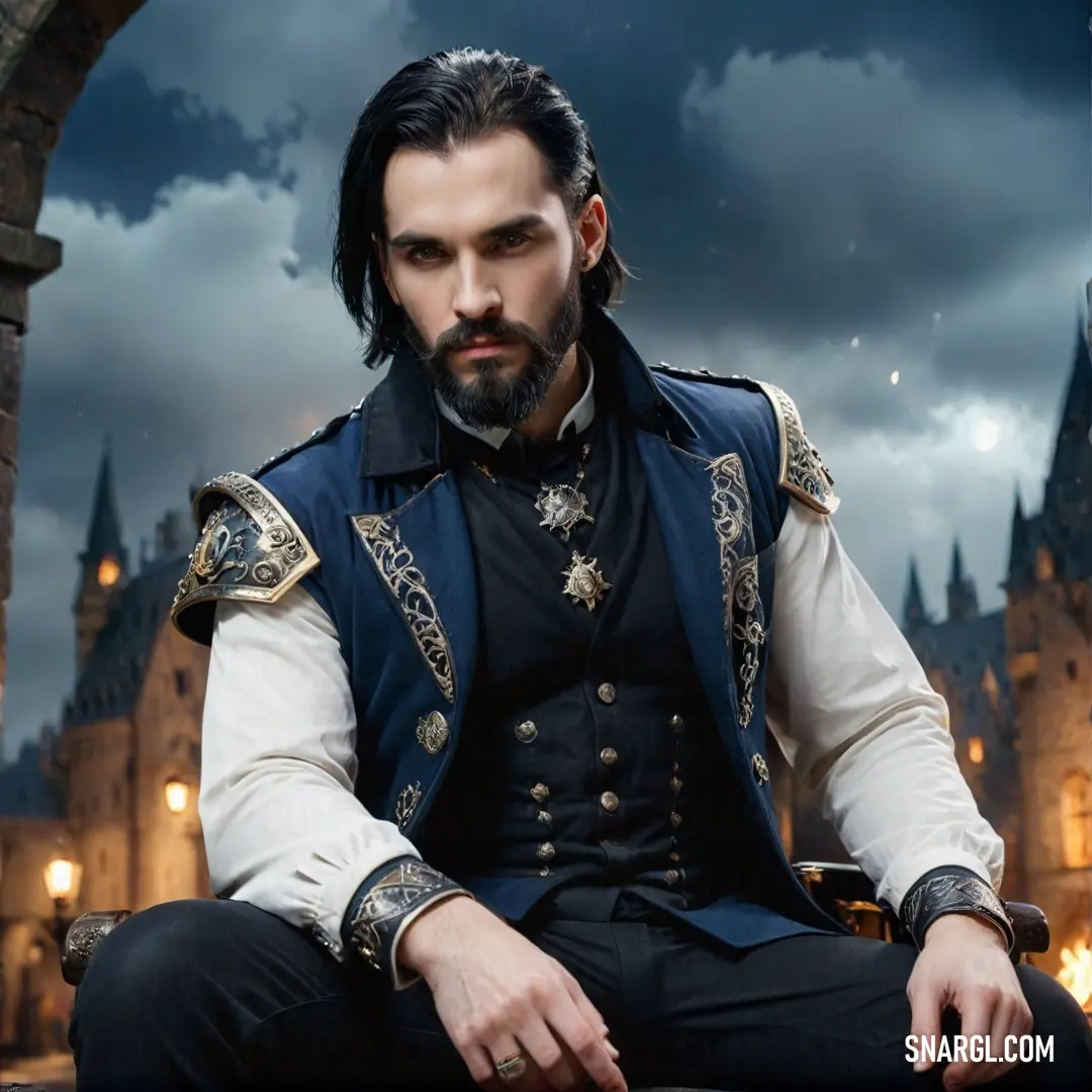 Perched on a ledge with a striking castle in the background, a man in a blue and white outfit stands poised, reflecting the serenity of the surroundings while embodying the spirit of adventure and exploration.