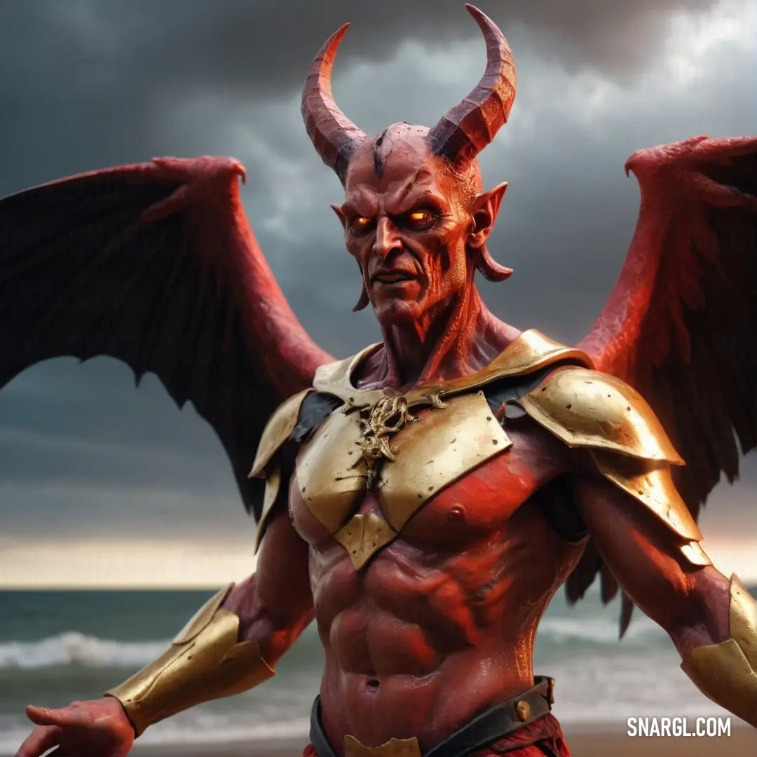 A formidable warrior with a massive red demon-like body, wearing gleaming gold armor, stands tall on a beach as dark storm clouds loom above, creating a dramatic and mysterious atmosphere.