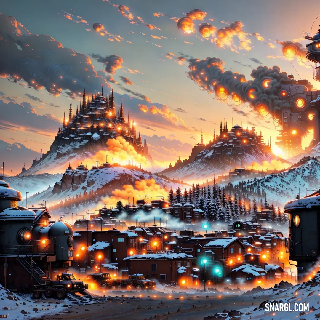 A picturesque painting of a snow-covered town with a train running along the tracks, its plume of steam cutting through the chill of the winter landscape. A distant tower looms, adding a touch of mystery to the peaceful scene.