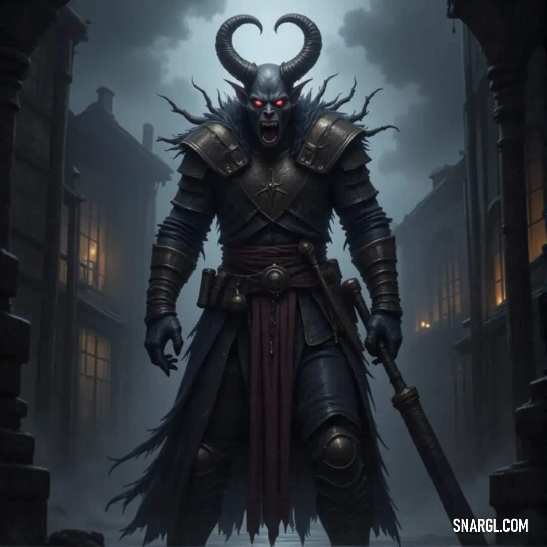 A fierce demon with sharp horns, holding a menacing sword, set against a dramatic backdrop with dark tones, accentuated by the PANTONE 2369 color.