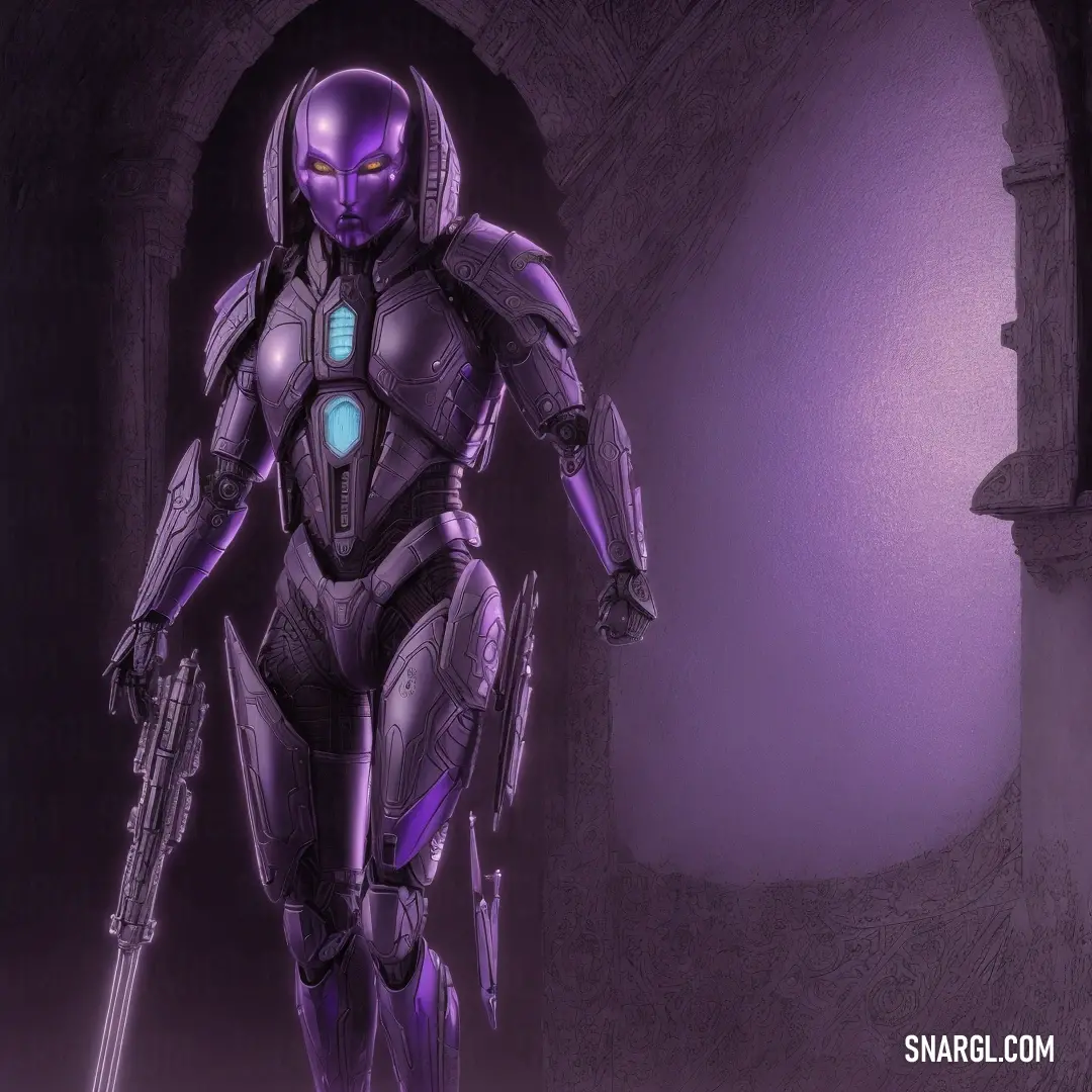 A futuristic figure clad in an eye-catching purple suit wields a sword, poised in a dimly lit tunnel, creating an atmosphere of mystery and excitement, beautifully complemented by RGB 83,89,156 colors.