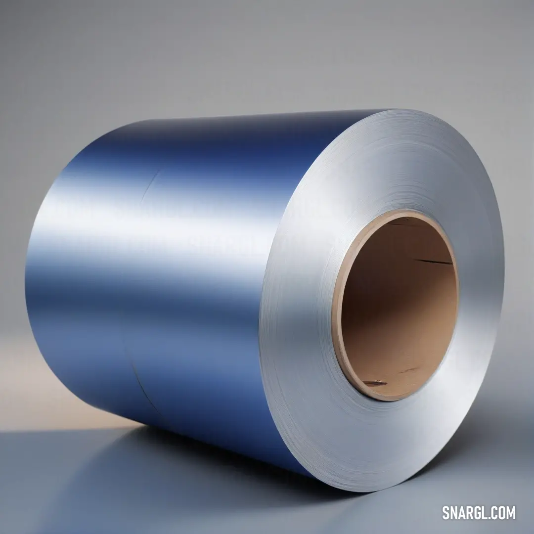 A roll of smooth blue aluminum foil lies on a clean white surface. The metallic shine of the foil contrasts with the simplicity of the white backdrop, reflecting a cool RGB tone of 83,89,156.