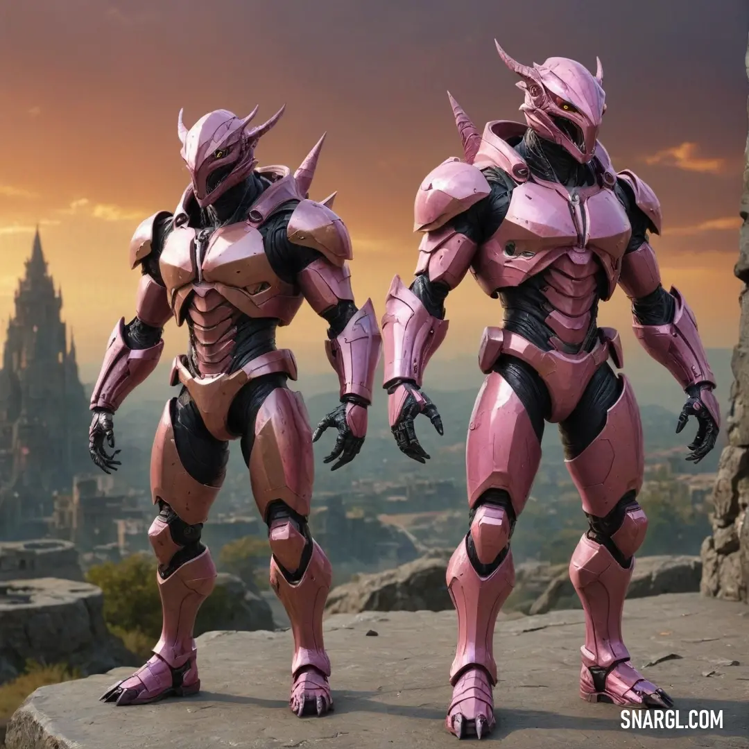 Two intricately designed action figures, resembling noble armored warriors, stand firmly on a rocky ledge, gazing towards a sprawling cityscape that glimmers in the distance, embodying a perfect blend of bravery and imagination.