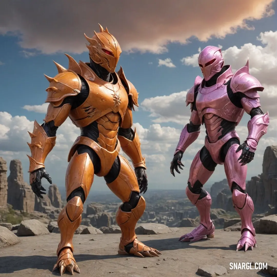 In a dramatic rocky setting, two action figures representing a man and a woman in heroic armor stand tall, ready for adventure, under the brooding sky that hints at the challenges they are about to face together.