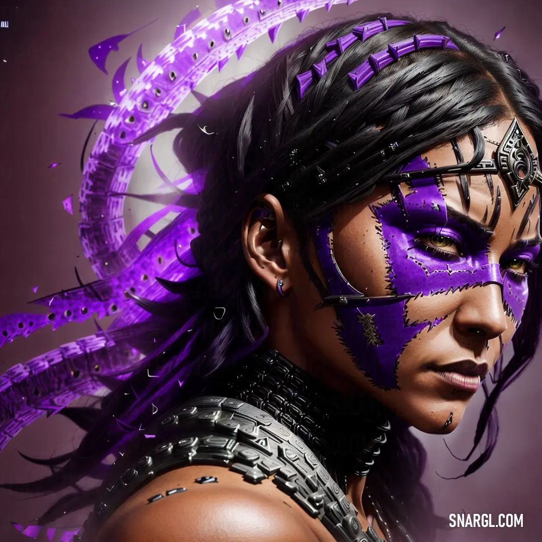 A woman adorned with striking purple makeup and an intricate dragon-themed headdress stands in a dramatic pose, embodying an aura of mysticism and strength, with an elegant touch of dark color accents.