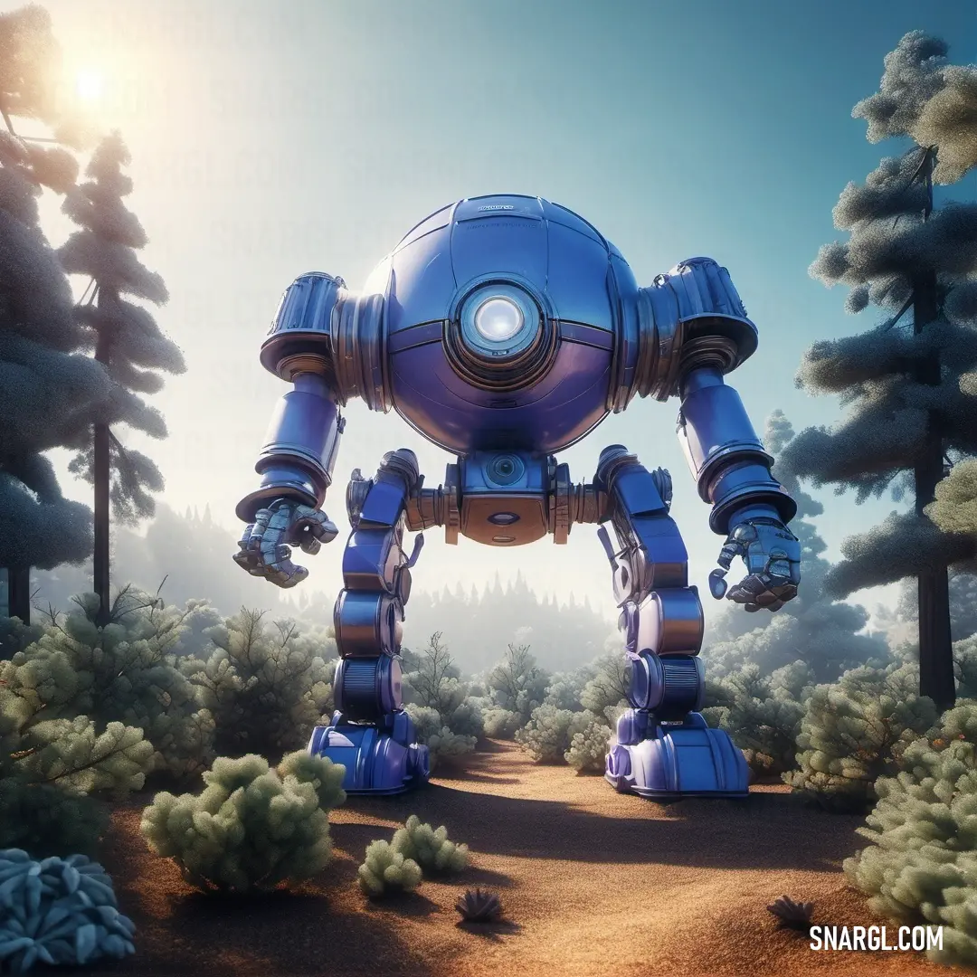 PANTONE 2369 color. Robot standing in a forest with trees and bushes around it