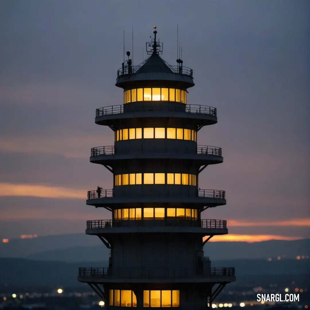 A vibrant tower radiating light against a night sky, showcasing the enchanting PANTONE 2369 color. The luminous glow creates a captivating scene that draws the gaze of night owls and dreamers alike.