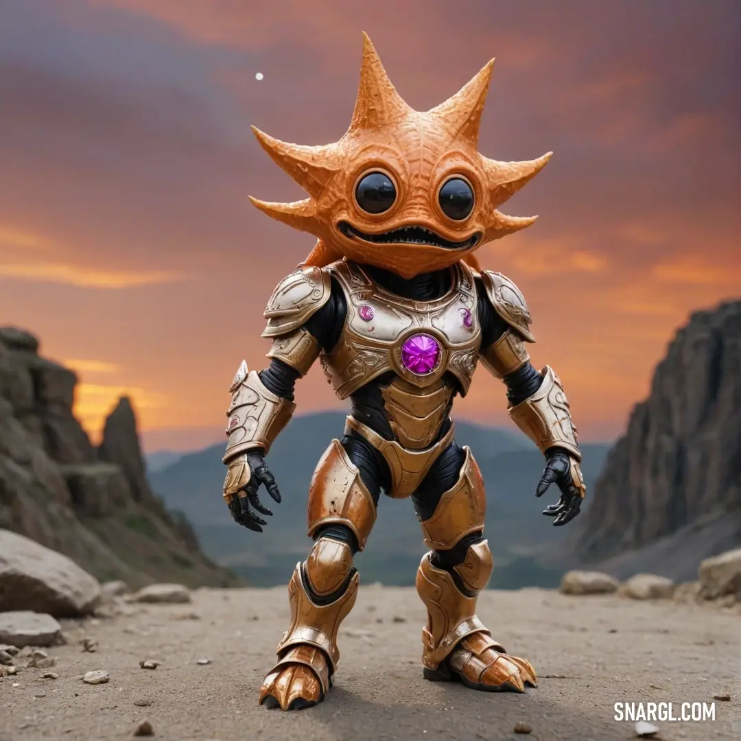 A quirky toy robot with an amusingly odd face stands on rugged ground, illuminated by the fiery hues of a sunset, evoking laughter and wonder in this delightful blend of imagination and vibrant color.