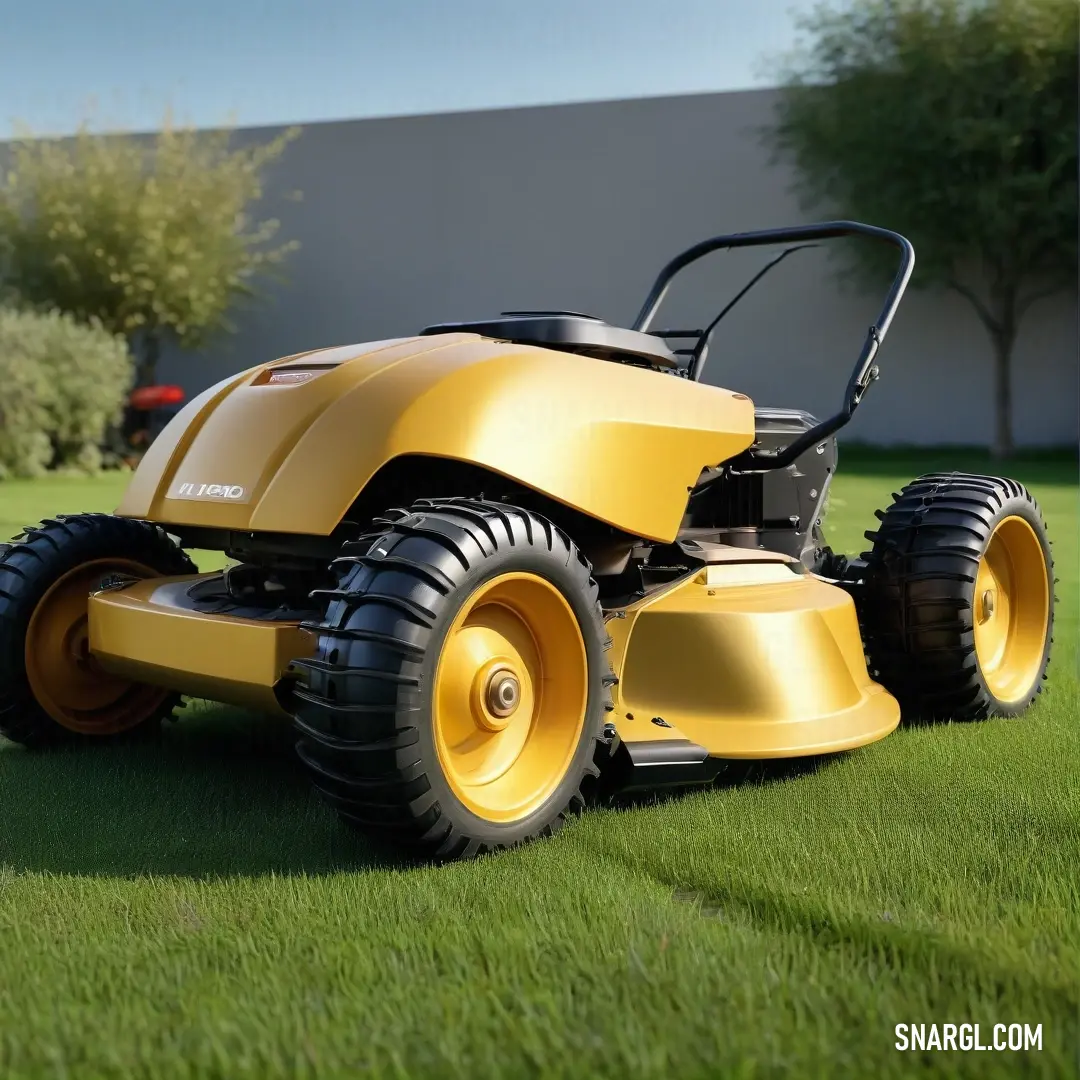 A vibrant yellow lawn mower contrasts beautifully against a lush, verdant field, positioned near a charming structure bordered by trees, evoking the freshness of RGB 83,89,156 colors in this serene outdoor scene.