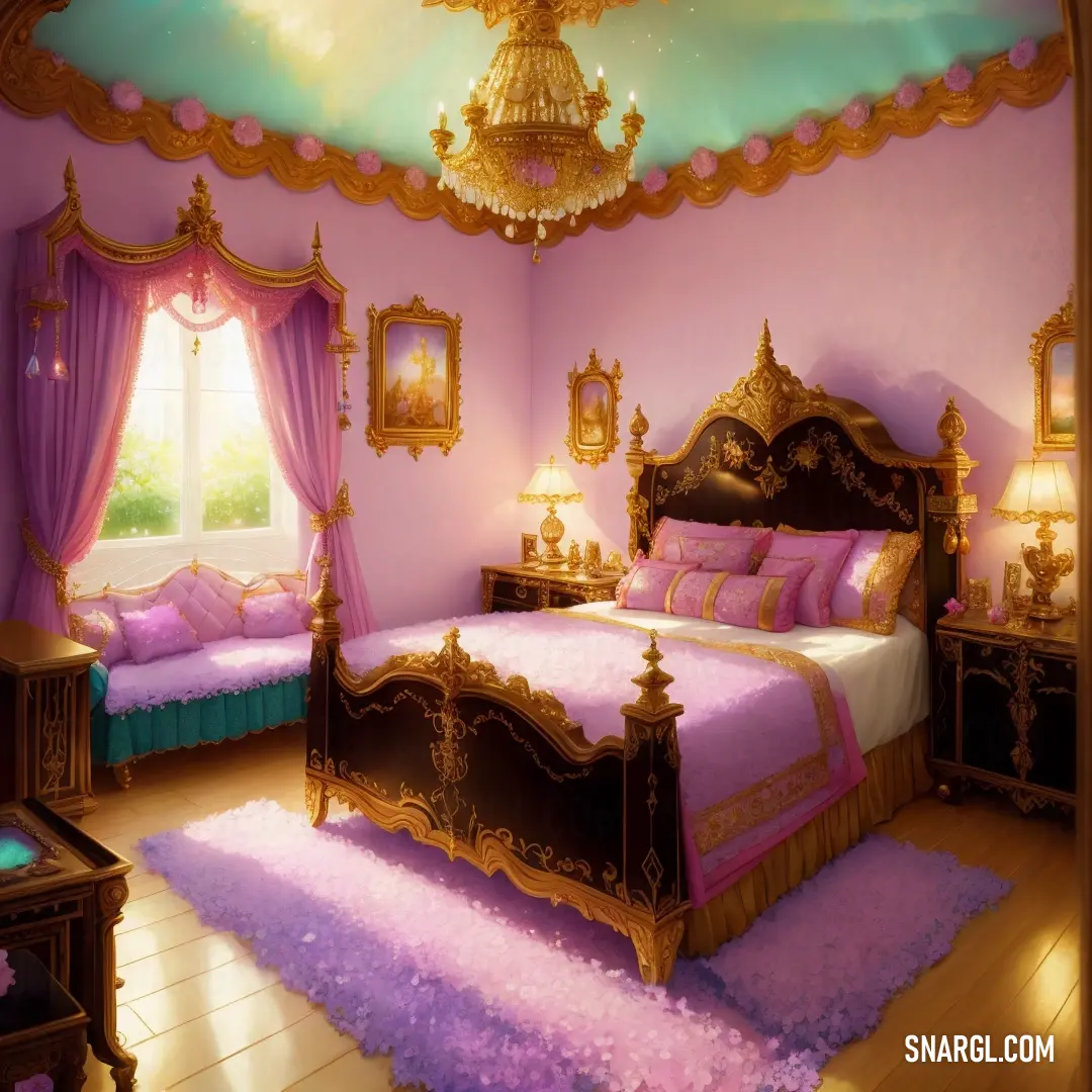 Bedroom with a bed and a chandelier. Color RGB 218,147,189.